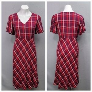 J Jill Burgundy Red Plaid V-Neck Midi Dress 90s Retro Style Size Medium